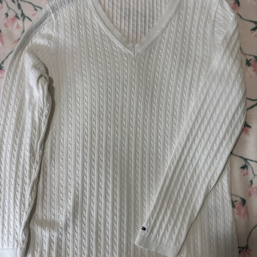 Tommy Hilfiger White V-Neck Cable Knit Sweater